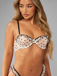 MISSGUIDED Bộ đồ lót chấm bi lưới có chi tiết bèo nhún và diềm xếp nếp theo phong cách áo ngực và quần lót lọt khe lấy cảm hứng từ phong cách cổ điển dành cho tiệc tùng nghỉ dưỡng - trắng - Xem 5