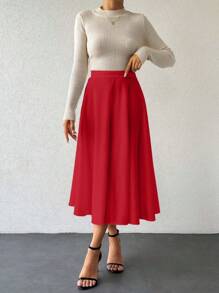 EURMUSE 女士纯色高腰褶皱优雅办公室及膝半身裙 - 玫瑰紅 - 查看 4