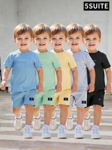 10 Stücke/Set Outfits für Kleine Jungen im Sommer, 5 Farben verfügbar - Grau, Apricot, Schwarz, Grün, Blau, Rundhals Kurzarm Top mit Buchstaben Aufdruck und passende Shorts Sets, minimalistisch & modisch, lässig & vielseitig, Buchstaben Akzente, anliegende Silhouette, geeignet für Outdoor-Spiel, täglichen Lässig-Tragen, Park-Picknicks, Treffen mit Freunden, Geburtstagsfeiern, Fotoanlässe und mehr im heißen Sommer, um die Stilsicherheit und Vitalität des Jungen zu zeigen und ihn zum Mittelpunkt der Menge zu machen und den Sommerspaß zu genießen