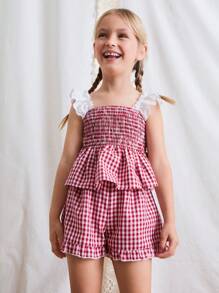 Maija Kids Maija Kids 小女孩刺绣吊带格子泡泡袖连衣裙背心短裤套装