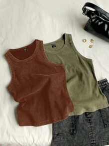 Comfortcana 女士休闲基本款棉质针织短款上衣和下装套装，双色，适合夏季