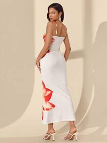 Almamuse 女士浪漫长款花卉印花细肩带连衣裙，假日风格 - 彩色 - 查看 2