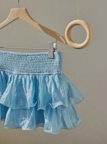 SHEIN Unity Blue Wrinkle Fabric Romantic Shirred Waist Double Ruffle Hem Design Sweet Vacation Beach A-Line Skirt, Spring/Summer - Blue - View 7