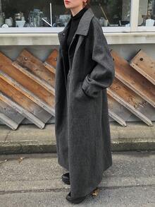 FRIFUL Women's Regular Collar Loose Solid Color Extra Long Overcoat, Autumn/Winter Jacket - Dark Grey - View 5