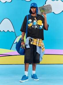 ROMWE MEN Adventure Time X ROMWE 男士不对称印花拼布短袖 T 恤，宽松短款