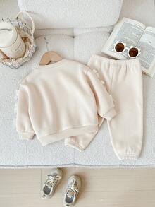 SHEIN LMoss Kids Conjunto de moletom manga comprida com laço de damasco e calça comprida com cós elástico para bebê, outono/inverno