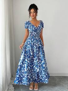 Selianne 全新女式轻盈编织花卉泡泡袖露背褶皱修身长裙，优雅迷人，适合约会、度假