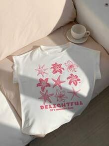 SHEIN EZwear T-shirt ample à col rond manches courtes court décontracté minimaliste pour femmes