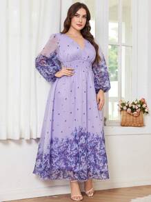 Modelyn New Luxury Elegant Maxi V-Neck Long Sleeve Dress With Voluminous Skirt