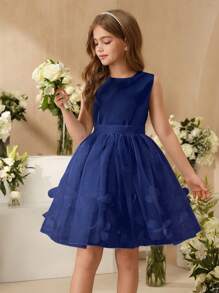 SHEIN Wedding Flower Girl New Style Girls Princess Tulle Puffy Dress, Vest Piano Performance Costume - Navy Blue - View 6