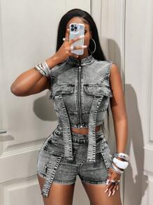 BamGleam 女士牛仔夹克外套，旅行 - 藍色 - 查看 2