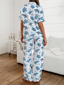 女式翻领熊印花开衫睡衣套装 - 藍白色 - 查看 2