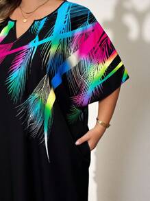 SHEIN CURVE+ 大码夏季时尚植物印花蝙蝠袖连衣裙夏季/乡村/海滩度假装/沙滩装/沙滩装 - 彩色 - 查看 5