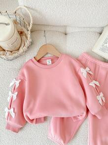 SHEIN LMoss Kids Babygirl Bowknot Decor Pink Long Sleeve Sweatshirt & Elastic Waist Pants 2 Pieces Set, Autumn/Winter Baby Girl Sweat Set Baby Girl Long Sleeve Set Pink Baby Girl Outfit Baby Girl Casual Set Baby Girl Clothes Fall
