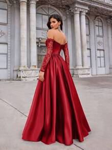 Glamrae Đầm xòe rộng sang trọng, thanh lịch, trễ vai, tay ngắn, chất liệu satin xuyên thấu, phối ren và họa tiết, thích hợp cho đám cưới, tiệc độc thân, kỳ nghỉ, dạ hội, hẹn hò, các dịp trang trọng (phiên bản cao cấp), dành cho Ngày Valentine. - Đỏ - Xem 2