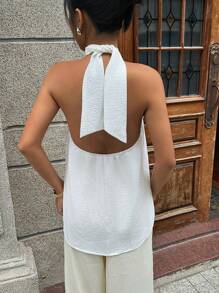INAWLY Solid Twist Detail Halter Top For Summer - White - View 2