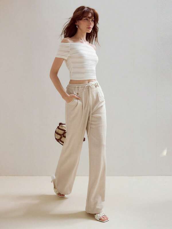 MOTF STUDIO LINEN STRAIGHT LEG PANTS WITH TIE