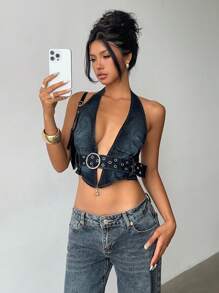 Aloruh Top corto de denim con escote en V profundo y cuello halter anudado, top de verano, sexy para club, para salir de noche - Lavado ligero - Ver 2