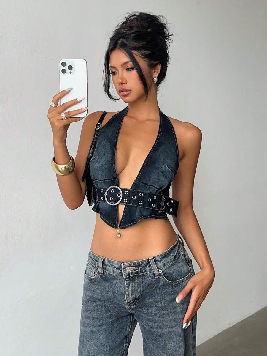 Aloruh Top corto de denim con escote en V profundo y cuello halter anudado, top de verano, sexy para club, para salir de noche