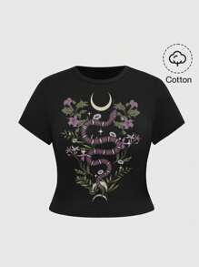 ROMWE Goth Plus Size Women Gothic Mysterious Mori Style Black Print Snake Botanical Stars Moon Moth Butterfly Short Sleeve T-Shirt, Sexy & Cute