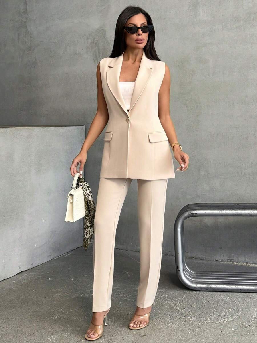 EURMUSE 女士纯色两件套服装 Coords 无袖背心西装外套金色纽扣细节和直筒常规版型裤子办公室商务时尚女士上班装 - 米色 - 查看 1