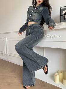 DAZY 2 Stücke Damen Retro Gewaschen Denim Jacke & Weite Hose Set, Lässiger Loose Streetwear Outfit, Herbst/Frühling, Damen Kleidung