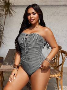 Swim Lushoire Áo ống bandeau in họa tiết sọc hai tông màu cỡ lớn cho nữ có dây rút, đồ bơi 1 mảnh đơn giản thanh lịch thường ngày cho kỳ nghỉ bãi biển - Đen và trắng - Xem 3