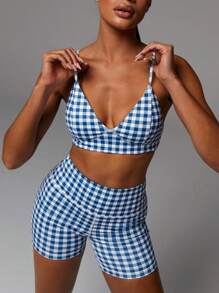 Athîral 2pcs Women Casual Sports Plaid Print Bra And Shorts Set