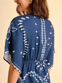 CAJUNI Women's Resort Casual Boho Navy Blue & Floral Print V-Neck Batwing Sleeve Adjustable Waist Tie Vacation Style Short Dress