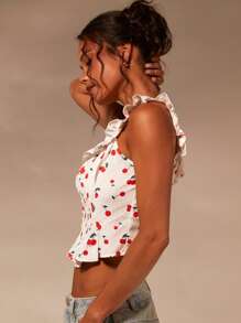 Athîral 女式樱桃印花褶饰纽扣吊带背心，夏季时尚 - 彩色 - 查看 5