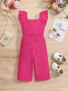 SHEIN Baby Girls Cute Contrast Organza Ruffle Trim One-Piece Jumpsuit, Watermelon Red, Summer - Hot Pink - View 5
