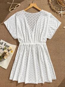 Teen Girls Solid Color Lace Drawstring Waist Bikini Cover Up White Lace Dress White Summer Dress White Beach Dress White Vacation Dress White Cover-Up DressIt Pairs Well With A One-Piece Swimsuit Set For A Vacation Beach
