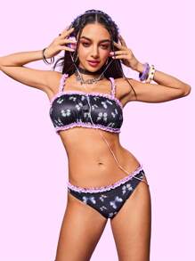 Notgurli Women Butterfly Print Frill Trim Fashion Underwear Set - Black - View 1