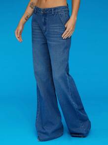 COUREZ 低腰修身喇叭裤，后袋设计，蓝色水洗/Y2K风格夏季女装下装，低腰牛仔裤，复古棉质 - 中等水洗藍 - 查看 5