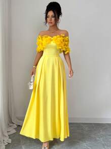 Selianne 女式春夏波西米亚风休闲优雅拼布网眼贴花蝴蝶刺绣连衣裙 - 黃色 - 查看 4