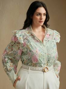 Anewsta Camicia elegante da donna per vacanze, collo alla coreana, stampa floreale in pizzo, manica lunga, con inserti in pizzo e volant sulla gonna, adatta per l'estate