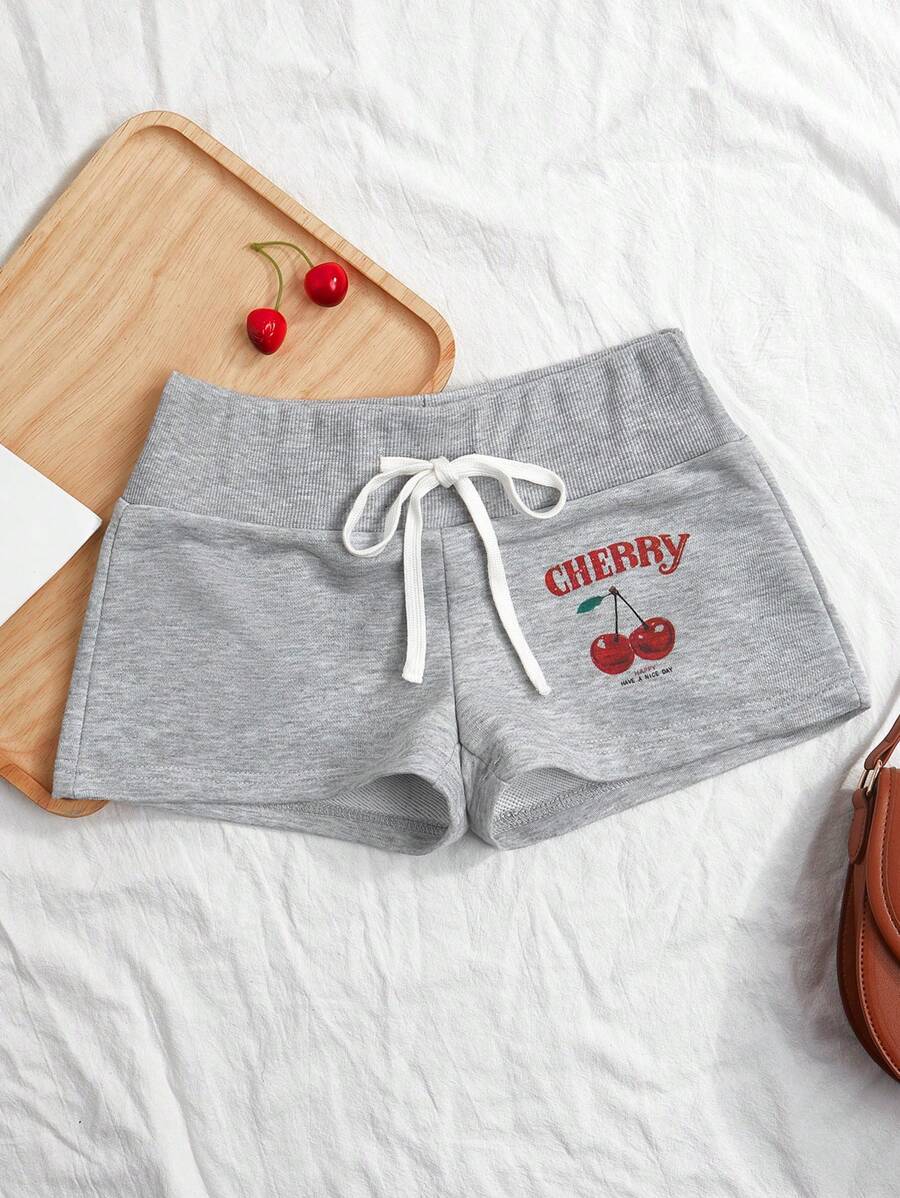 Comfortcana 夏季休闲樱桃图案抽绳腰修身短裤 - 淺灰色 - 查看 1