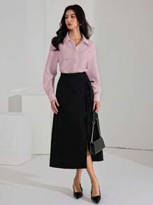 Heiryn Women's Rhinestone Decor Drop Shoulder Long Sleeve Single-Breasted Elegant Blouse - Pink - View 5