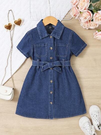 SHEIN Vintaside Kids Young Girl Versatile Comfortable Lady-Like Fashion Washed Soft Non-Stretch Casual Short Sleeve Denim Dress, Lightweight Summer Fall Winter