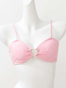 Tween Girls 3pcs Bikini Set, Pink Bandeau Bralette Crop Top, Pink Triangle Bottoms, Pink Mesh Skirt - Pink - View 8