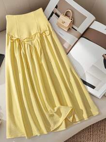 Seusyu Women's Modest Versatile Yellow Bowknot Tie Waist Slimming High Waist Skirt Fall Cloth For Women