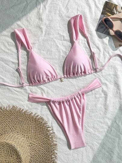 Swim Mod 2件套夏季度假闪光纯色粗肩带海星装饰三角杯文胸和丁字裤性感泳装套装女士