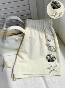 Comfortcana Quần short lưng thun in họa tiết vỏ sò thoải mái cho nữ - trắng - Xem 7