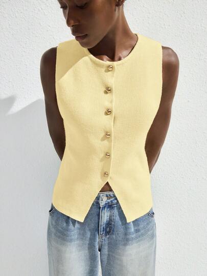 Maija Women's Casual Solid Color Front Button Sleeveless Knit Top, Suitable For Business, Leisure, Urban Commuting, Office Wear, And Teacher Business Casual Woman Office For Women Work Women Work Office Wear Women Office Attire For Women Going Out Tops Women Going Out Tops Going Out Going Out Tops For Going Out Going Out Tops Women,Butter Yellow Top,Autumn Outfits For Women, Christmas Women's Clothing Casual Blouses For Ladies