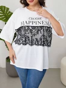 Lacomfia Biały kontrastowy panel, damska koszulka z krótkim rękawem w dużym rozmiarze - Biały - Zobacz 5