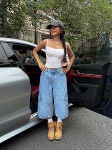 SHEIN ICON 女式宽松工装口袋阔腿休闲七分牛仔裤 - 藍色 - 查看 4