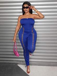 Maweii Plus Size Women Self-Tie Sexy Solid Color Strapless Fitted Jumpsuit - Blue - View 6