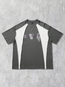 ROMWE MEN Prep Men's Street Style Patchwork English Text & Vintage Graphic Print Short Sleeve T-Shirt - Black - View 4