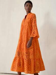 Frievida 活力橙色休闲度假波西米亚风重工刺绣简约 A 字宽松喇叭袖中长连衣裙 - 橘色 - 查看 1