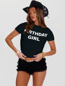 MUSERA 修身“生日女孩”图案标语T恤，休闲，适合生日派对、优雅春夏假日Y2K风格。 - 黑色 - 查看 2